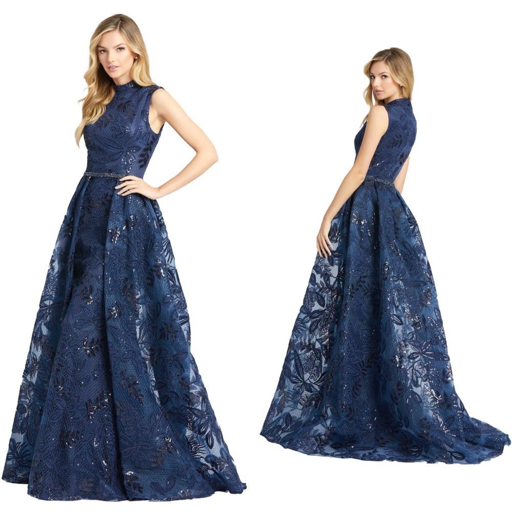 Mac Duggal 20098 Size 14 High Mock-Neck Beaded Column Gown with Overskirt, Navy